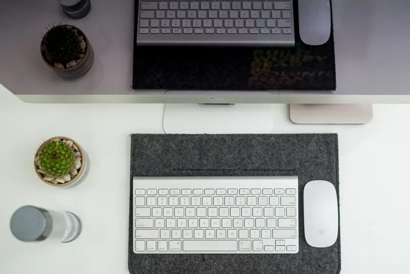 Top-down view of a keyboard, mouse and felt desk mat beside a cactus